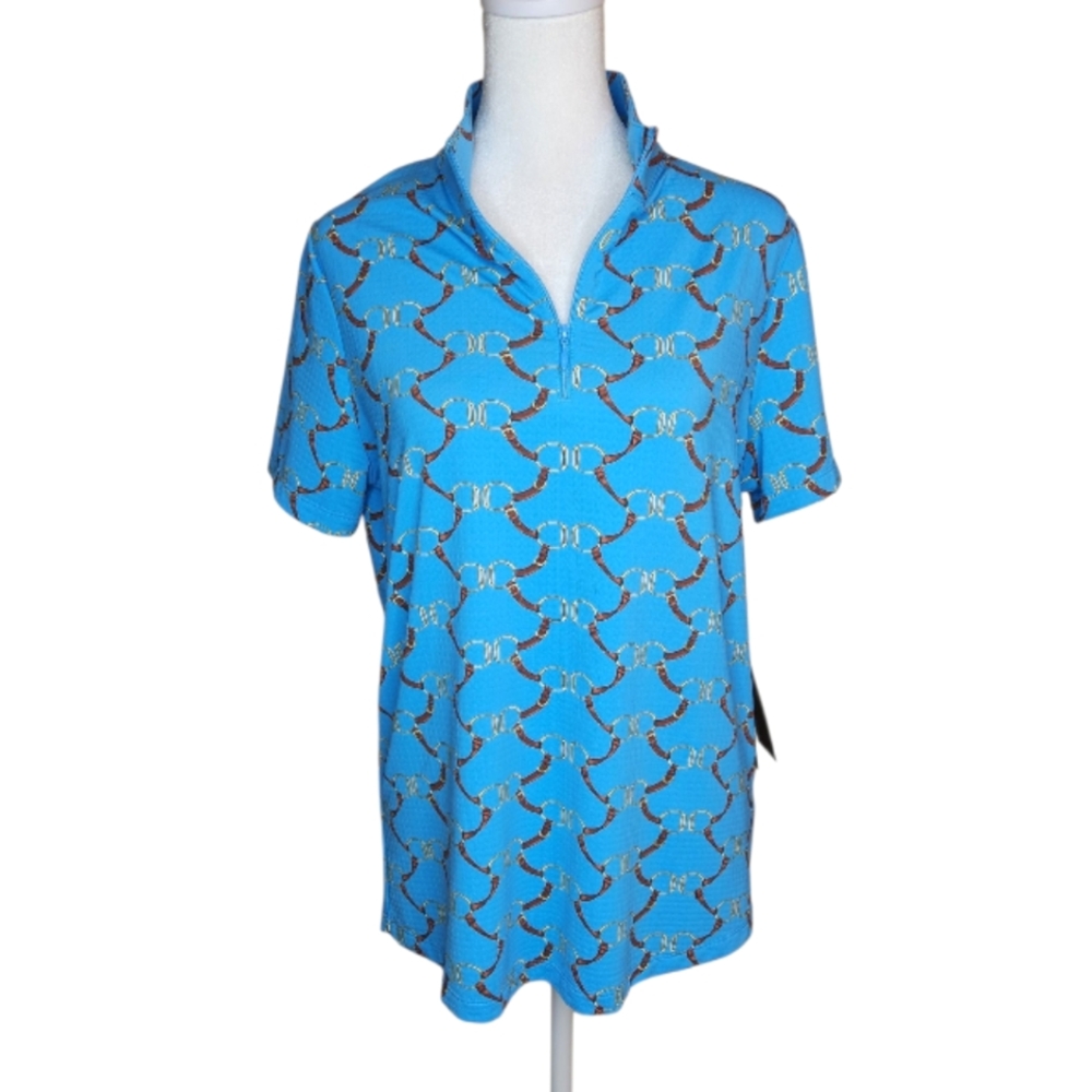 NEW IBKUL Short Sleeve Mock Neck UPF 1/4 Zip Top in Belmont Blue M